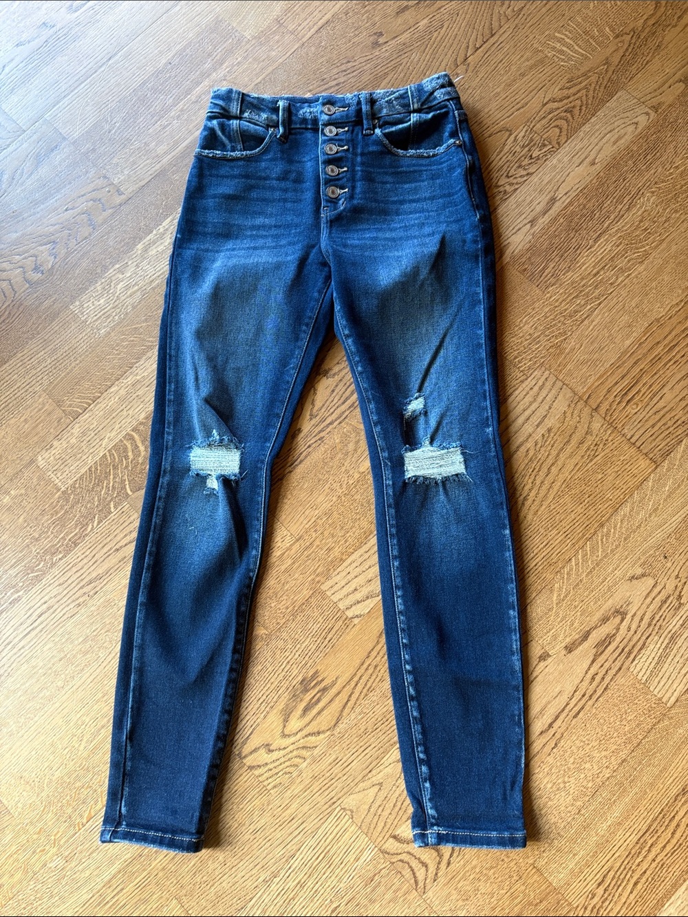 KanCan Dark Blue High-Rise Button-Fly Skinny Jeans with Knee Distress